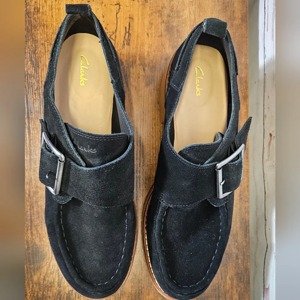 Clarks Black Suede Platform Loafers with Tan Lug Sole and Buckle